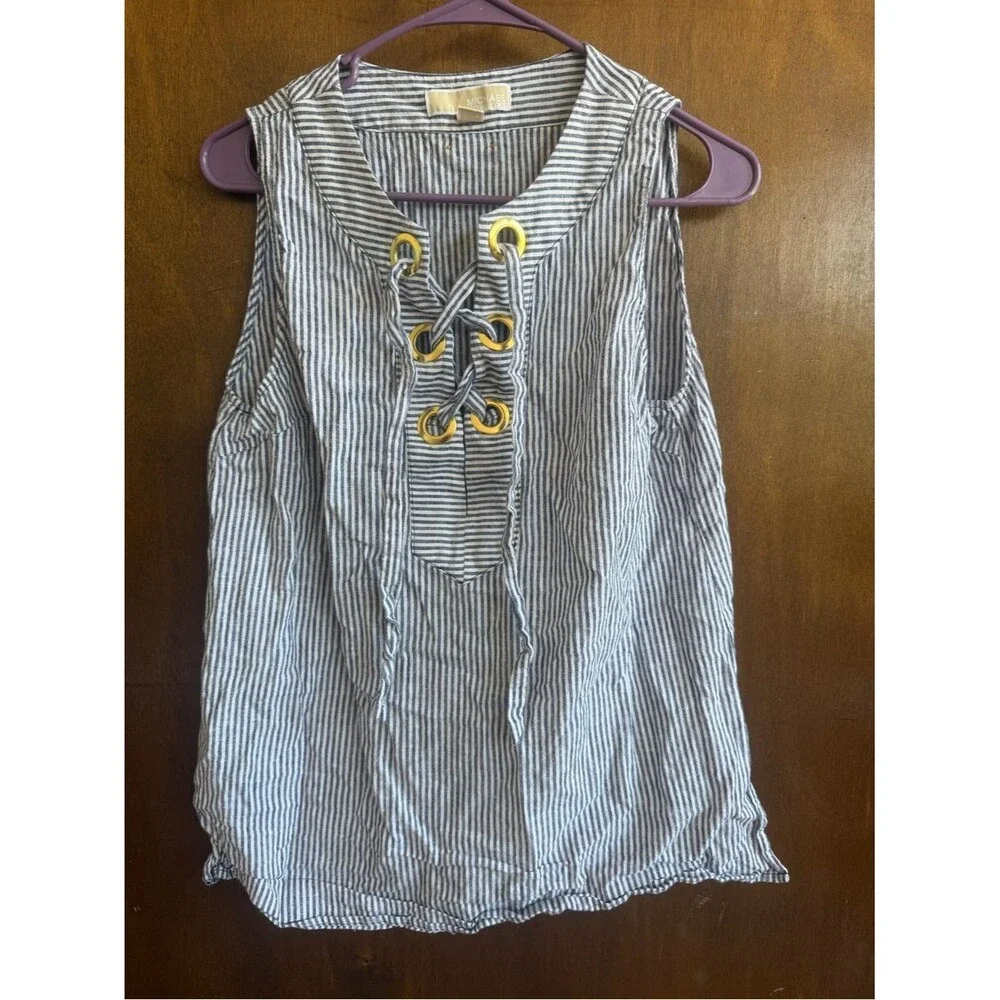 Michael Kors Navy and White Striped tie Top